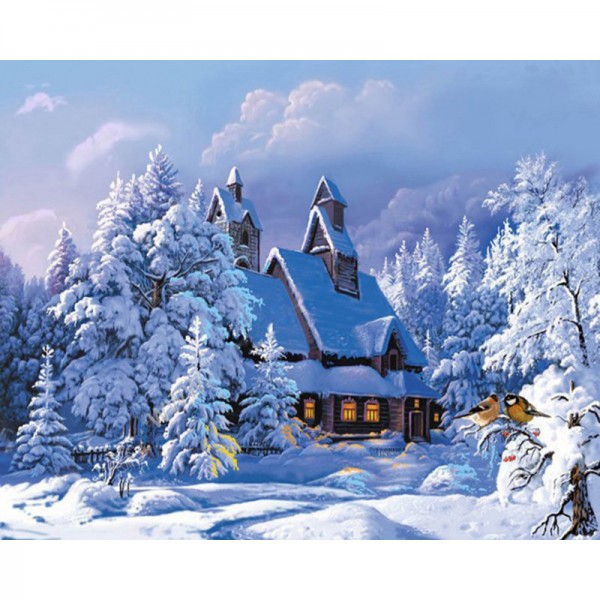 Christmas snowy cabin in the woods - Painting by Numbers Canada