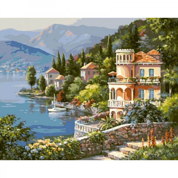 Mountain & Lakeside Village - Painting by Numbers Canada
