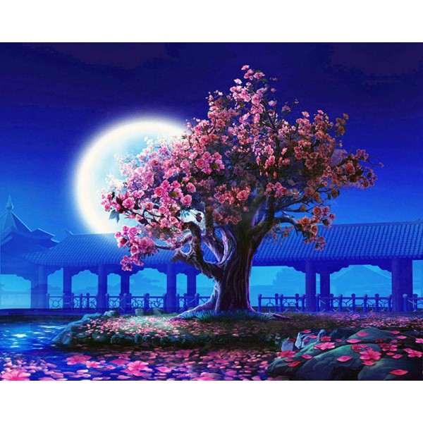 Cherry Blossom Tree at Night - Painting by Numbers Canada