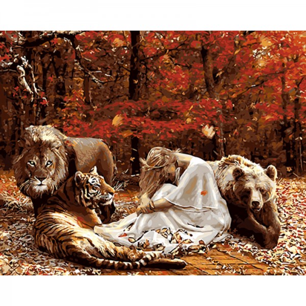 Girl with Bear Tiger & Lion in Forest - Painting by Numbers Canada