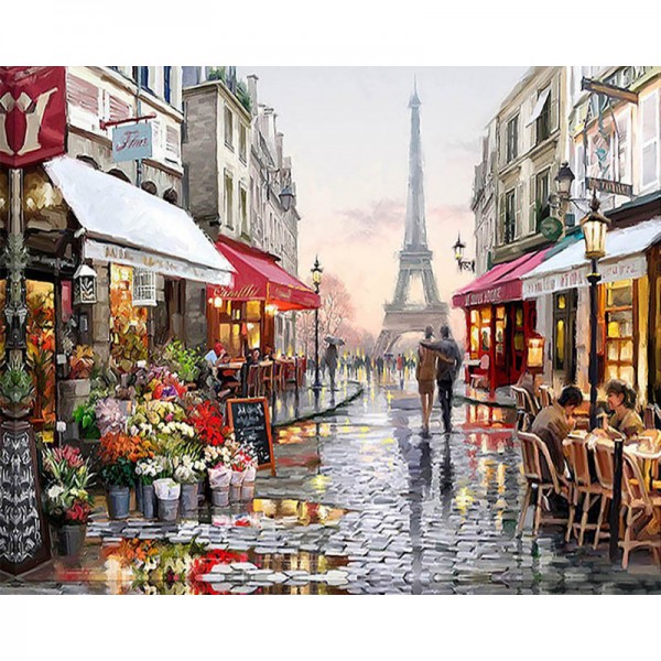 Brick Road and Cafes in Paris - Painting by Numbers Canada